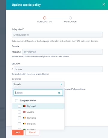 Targeting geografico Cookie Banner HubSpot